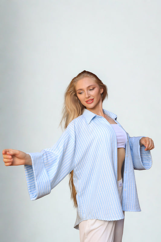 A03 - Wide Sleeve Baby Blue Linen Shirt