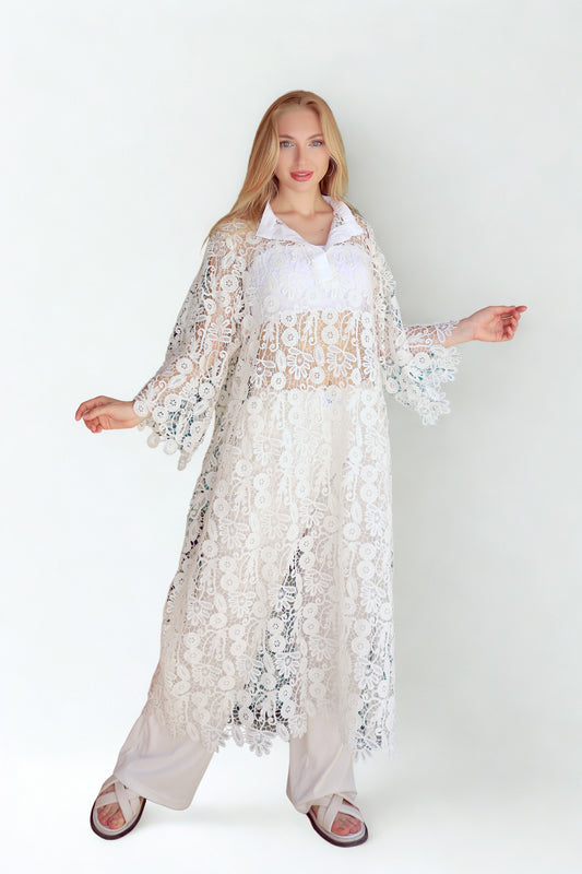 A08 - Floral See Through Off-white Dress