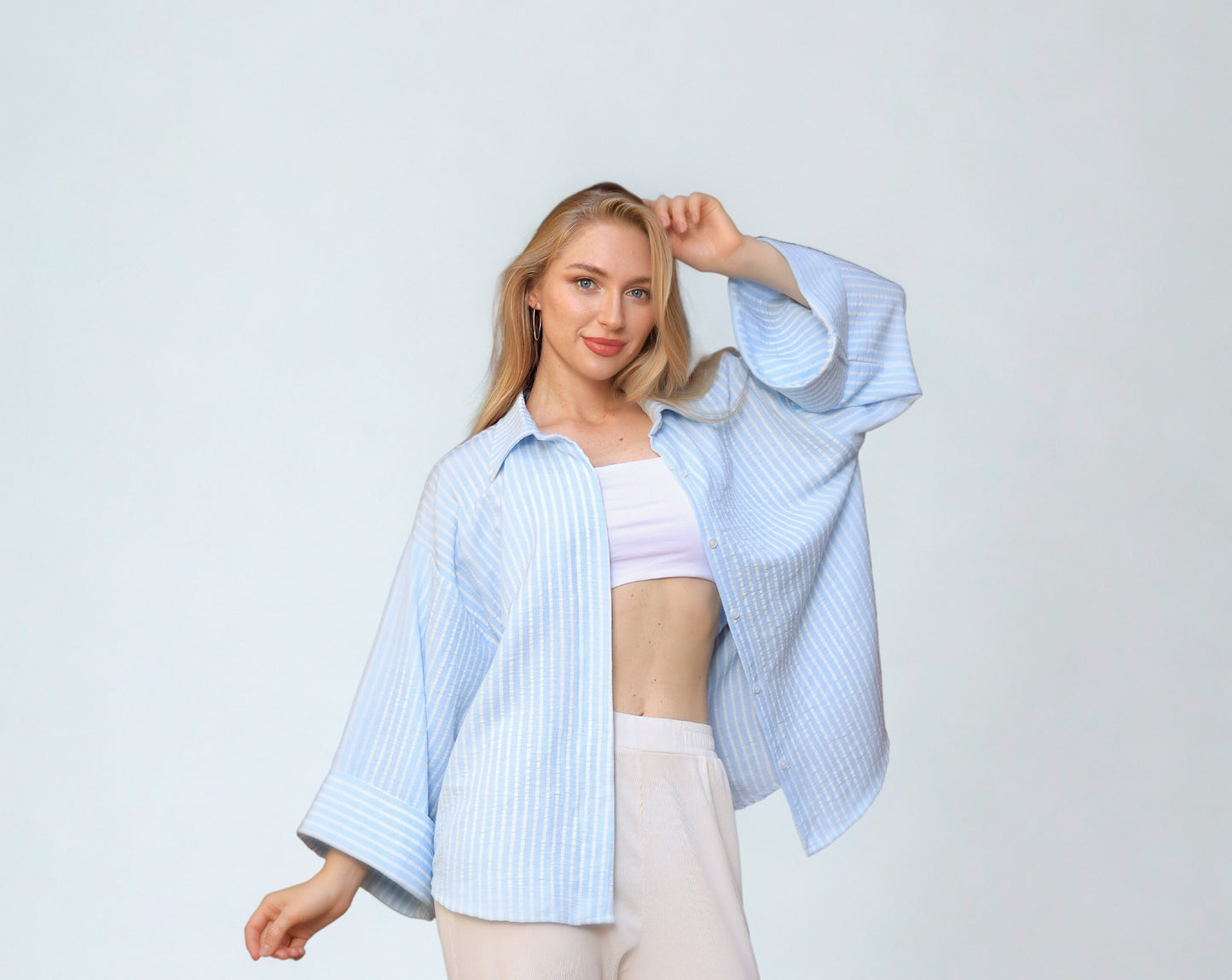 A03 - Wide Sleeve Baby Blue Linen Shirt