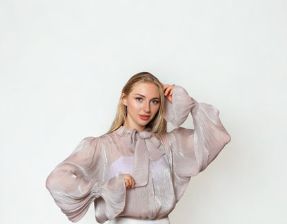 A05 - Bright Greige Blouse with Bow Tie on the Neck