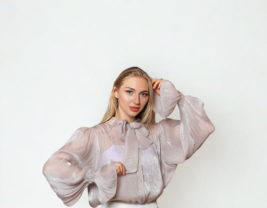 A05 - Bright Greige Blouse with Bow Tie on the Neck