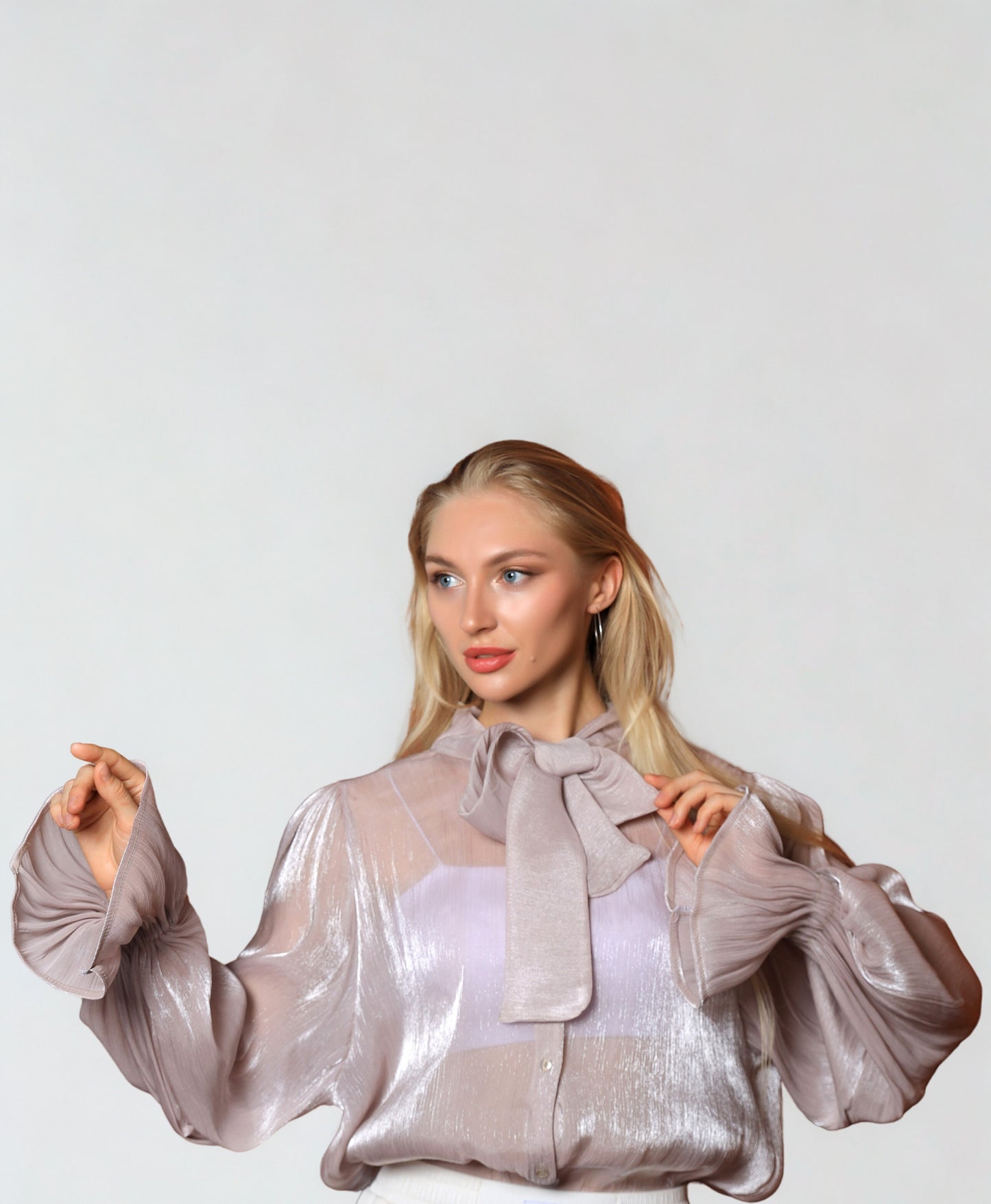 A05 - Bright Greige Blouse with Bow Tie on the Neck